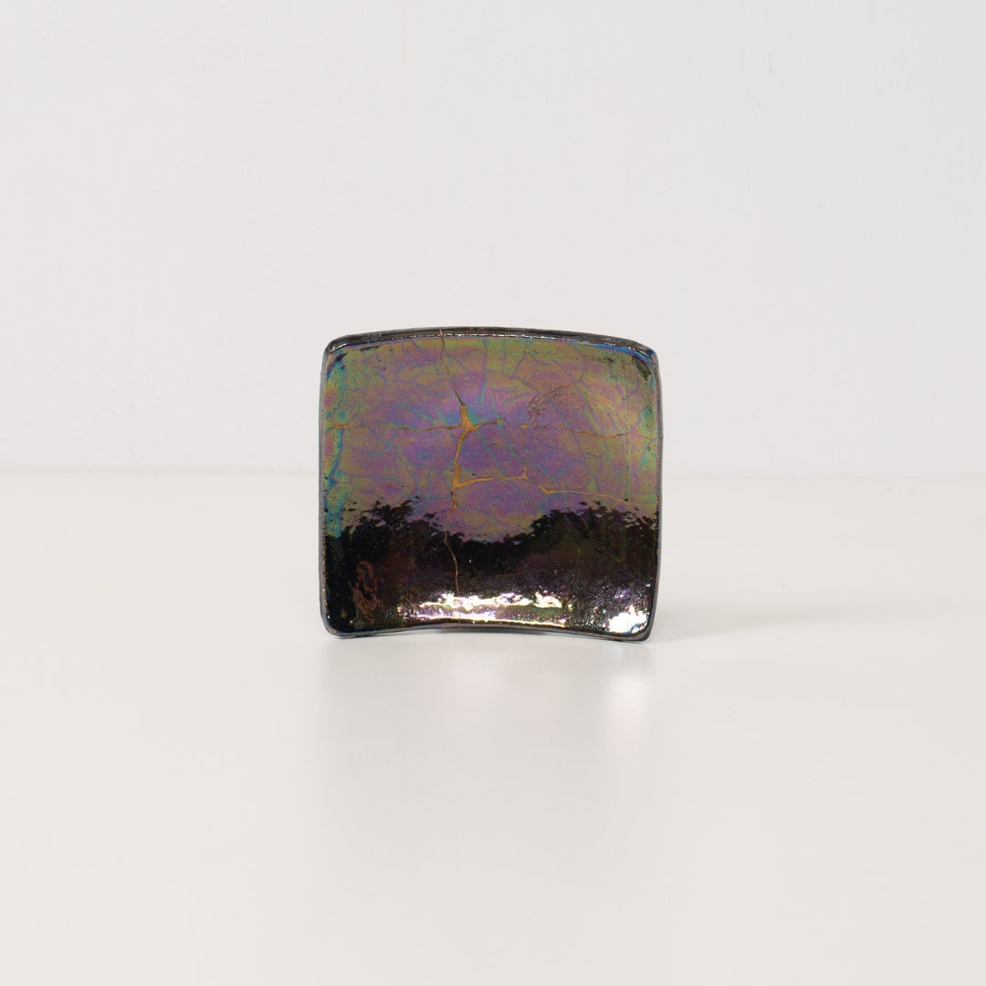 Kintsugi pottery square plate Shikkoku-rai 01 by Taku Nakano, iridescent luster wabi sabi art with gold repair.