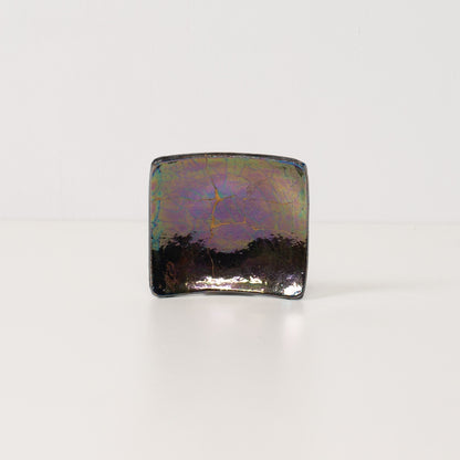 Kintsugi pottery square plate Shikkoku-rai 01 by Taku Nakano, iridescent luster wabi sabi art with gold repair.