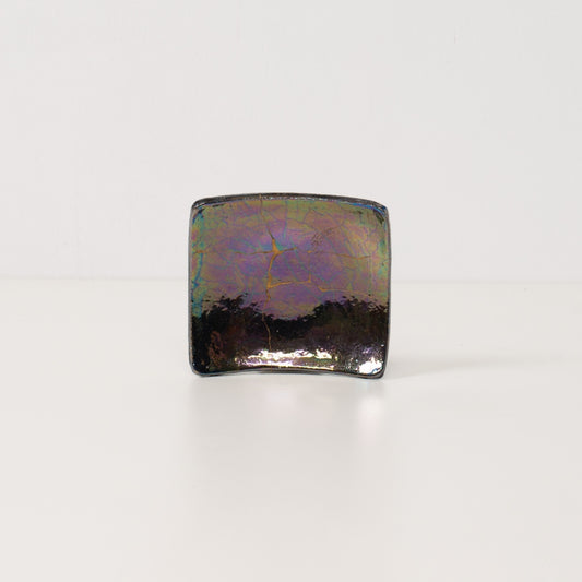Kintsugi pottery square plate Shikkoku-rai 01 by Taku Nakano, iridescent luster wabi sabi art with gold repair.