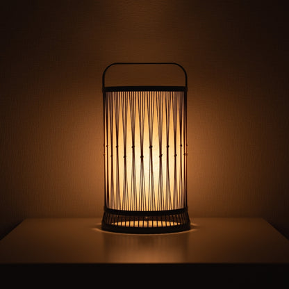 Japanese floor lamp crafted with 800-year-old Shizuoka bamboo artistry. Delicate bamboo strips create intricate patterns, casting a warm glow through Japanese paper.