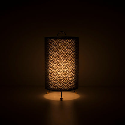 Japanese Paper Table Lamp "Lace Washi" Black illuminating a dark room – Modern Washi Paper Table Lamp