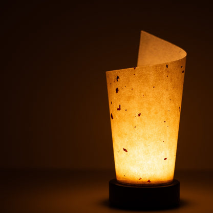 Japanese Paper Table Lamp "Maki", natural, Mino Washi paper - close-up of illuminated wabi sabi table lamp showing texture.