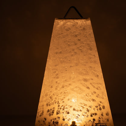 Japanese Paper Table Lamp "Mini Akari", white, Mino Washi paper - close-up of illuminated traditional Japanese lace pattern.