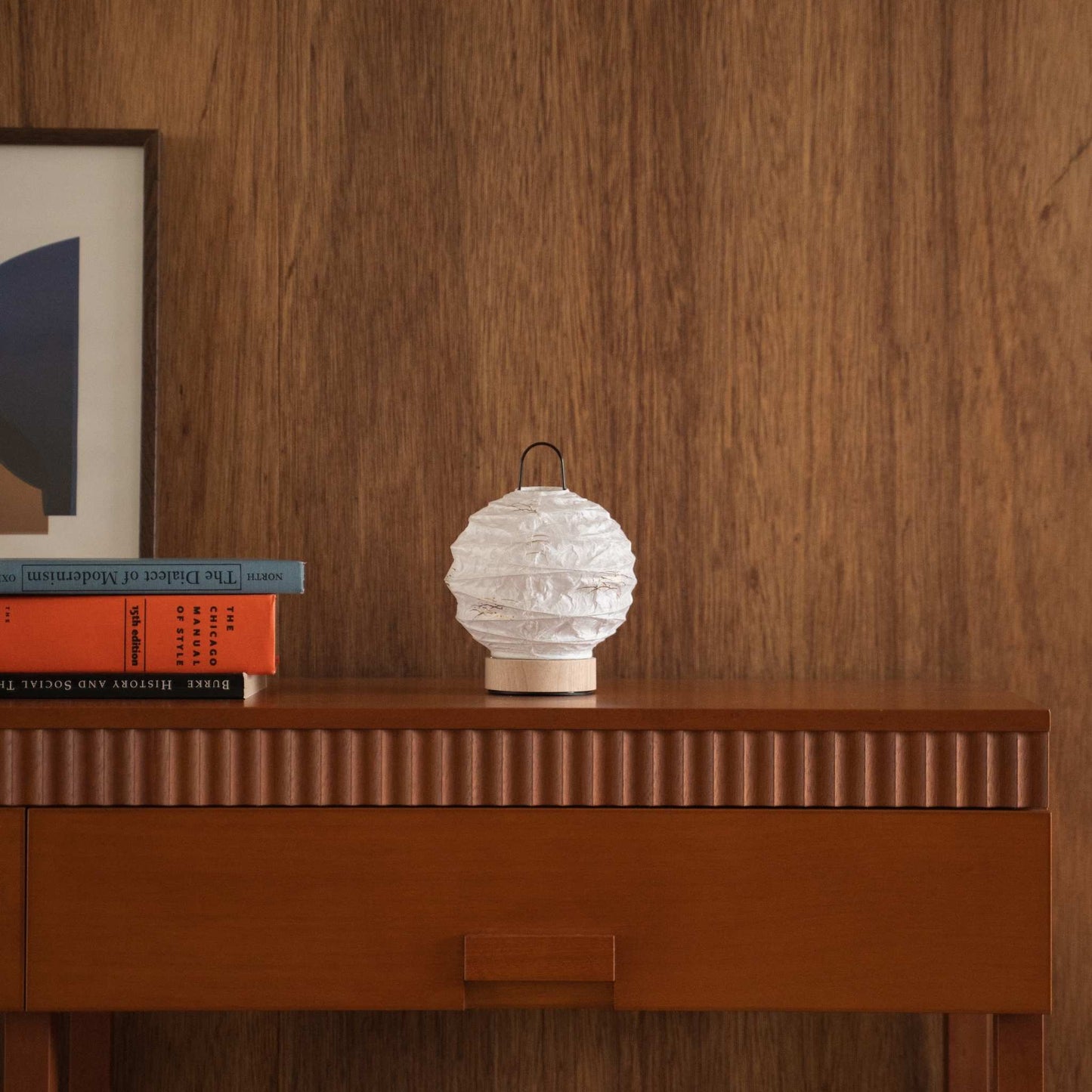 Unlit Japanese paper lamp with rabbit patterns styled on a mid-century modern wooden console table.