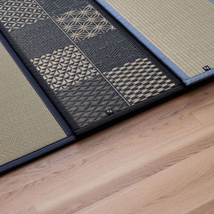 Close up comparison of three tatami mat designs showing different rush grass weaves and borders.