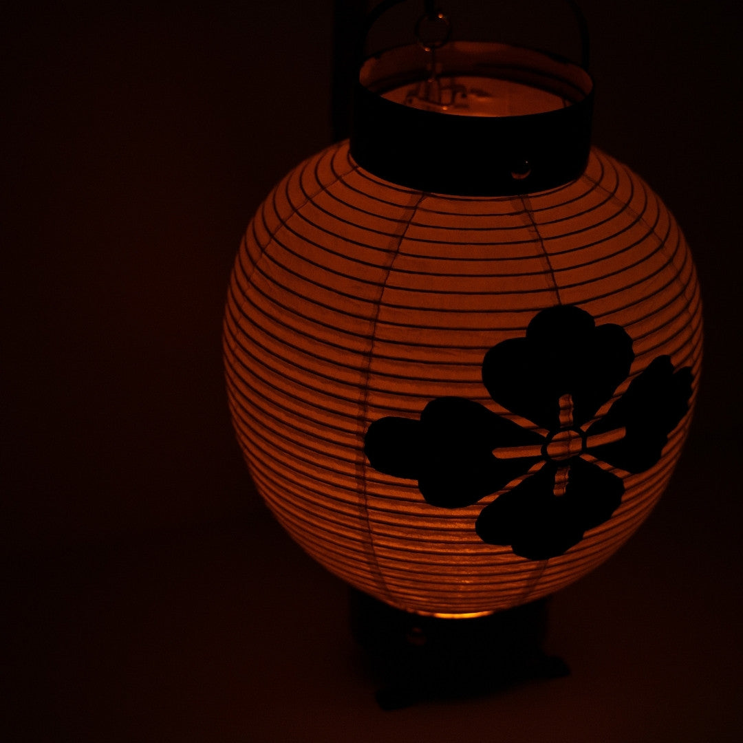 A traditional Japanese chochin standing lamp with a black flower design illuminating softly in a pitch-black setting.
